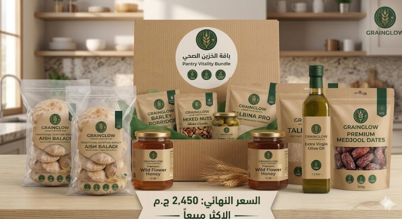 صورة عبارة عن باقة من المنتجات الخاصة ب جراين جلو Grain Glo  وهياكياس اشعير الطازجة ومكسرات مشكل من جراين جلو مع كرتون عليها شعار جراين جلو والتلبية وعليها السعر الخاص بالباقة