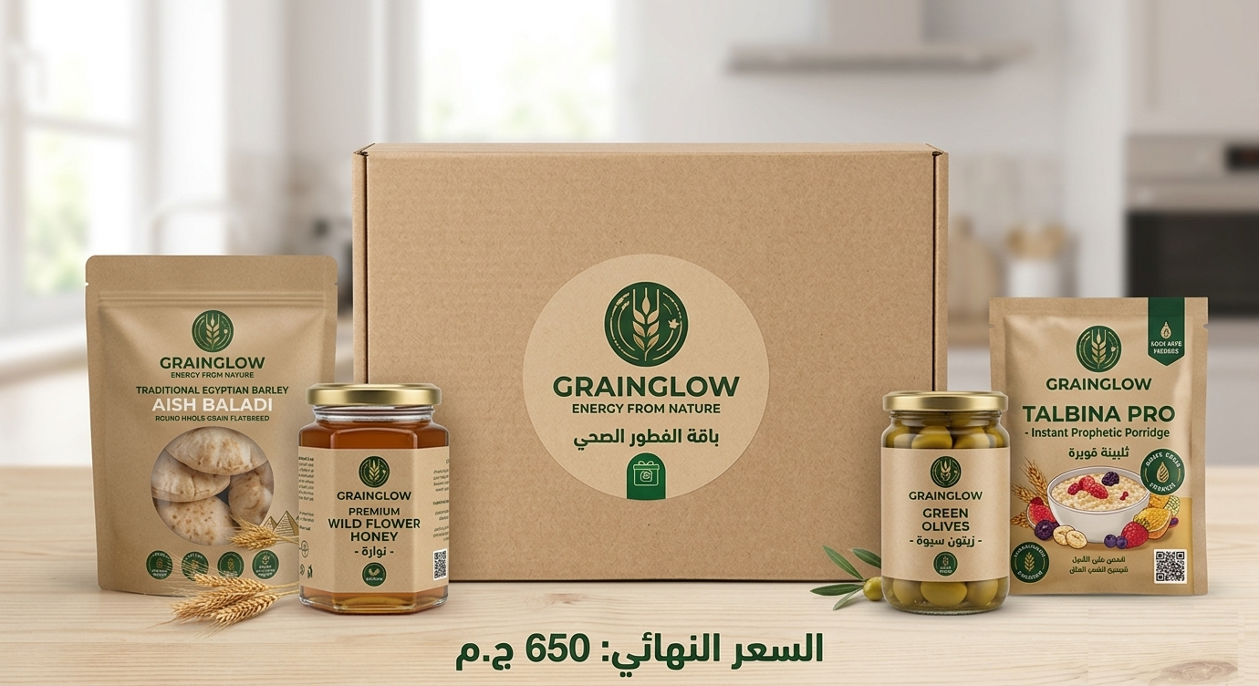 صورة عبارة عن باقة من المنتجات الخاصة ب جراين جلو Grain Glo وهياكياس اشعير الطازجة ومكسرات مشكل من جراين جلو مع كرتون عليها شعار جراين جلو والتلبية وعليها السعر الخاص بالباقة