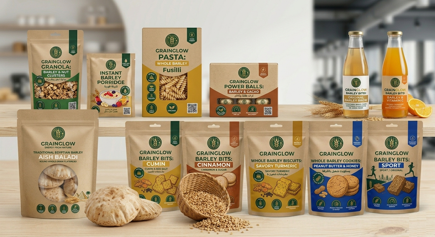 مجموعة من منتجات جراين جلو Grain Glow  الصحية مثل خبز الشعير والبسكويت وعصائر البرتقال فيتامين سي وعصير الشعير الطازج وخبز الشعير ومنتجات الشعير 